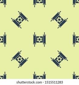 Blue Torah scroll icon isolated seamless pattern on yellow background. Jewish Torah in expanded form. Star of David symbol. Old parchment scroll.  Vector Illustration