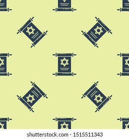 Blue Torah scroll icon isolated seamless pattern on yellow background. Jewish Torah in expanded form. Star of David symbol. Old parchment scroll.  Vector Illustration