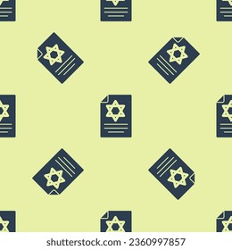 Blue Torah scroll icon isolated seamless pattern on yellow background. Jewish Torah in expanded form. Star of David symbol. Old parchment scroll.  Vector