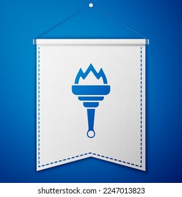Blue Torch flame icon isolated on blue background. Symbol fire hot, flame power, flaming and heat. White pennant template. Vector