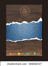 Blue torn denim jeans texture on wooden background space for text, Business brochure flyer design layout template in A4 size, Vector illustration modern design ( Image trace of wooden background )