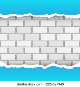 Blue torn paper on white brickwork wall background. Broken wallpaper frame