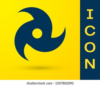 Blue Tornado icon isolated on yellow background. Cyclone, whirlwind, storm funnel, hurricane wind or twister weather icon.  Vector Illustration