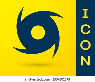 Blue Tornado icon isolated on yellow background. Cyclone, whirlwind, storm funnel, hurricane wind or twister weather icon.  Vector Illustration