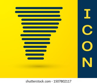 Blue Tornado icon isolated on yellow background. Cyclone, whirlwind, storm funnel, hurricane wind or twister weather icon.  Vector Illustration