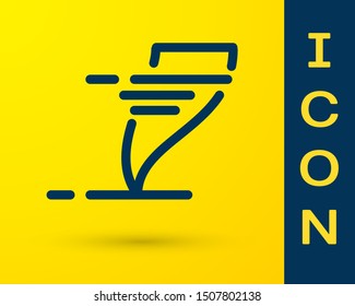 Blue Tornado icon isolated on yellow background. Cyclone, whirlwind, storm funnel, hurricane wind or twister weather icon.  Vector Illustration