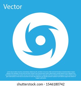 Blue Tornado icon isolated on blue background. Cyclone, whirlwind, storm funnel, hurricane wind or twister weather icon. White circle button. Vector Illustration