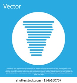 Blue Tornado icon isolated on blue background. Cyclone, whirlwind, storm funnel, hurricane wind or twister weather icon. White circle button. Vector Illustration