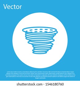 Blue Tornado icon isolated on blue background. Cyclone, whirlwind, storm funnel, hurricane wind or twister weather icon. White circle button. Vector Illustration