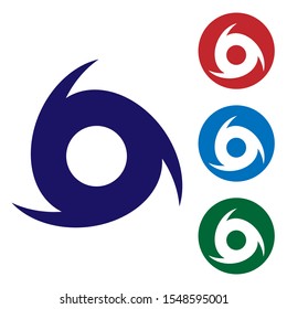 Blue Tornado icon isolated on white background. Cyclone, whirlwind, storm funnel, hurricane wind or twister weather icon. Set color icons in circle buttons. Vector Illustration
