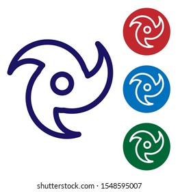 Blue Tornado icon isolated on white background. Cyclone, whirlwind, storm funnel, hurricane wind or twister weather icon. Set color icons in circle buttons. Vector Illustration