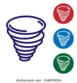 Blue Tornado icon isolated on white background. Cyclone, whirlwind, storm funnel, hurricane wind or twister weather icon. Set color icons in circle buttons. Vector Illustration