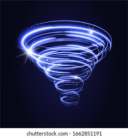 Blue tornado, swirling storm cone of stardust sparkles on dark background. Blue spiral hurricane with light effect. Magical stardust tornado, light hurricane