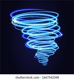 Blue tornado, swirling storm cone of stardust sparkles on dark background. Blue spiral hurricane with light effect. Magical stardust tornado, light hurricane