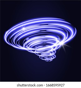 Blue tornado, swirling storm cone of stardust sparkles on dark background. Blue spiral hurricane with light effect. Magical stardust tornado, light hurricane