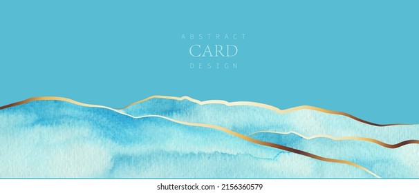 Fondo azul, color de agua torquesa. Kintæy mármol dorado. Resumen mar, montañas, arte paisajístico con líneas doradas.
