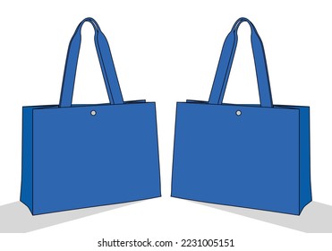 Blue tote bag with snap button template on white background, vector file