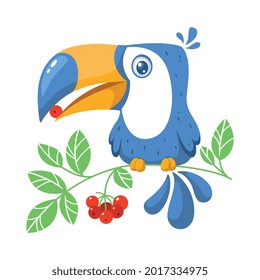 Blue toucan sits on branch and eats berry. Cartoon vector illustration