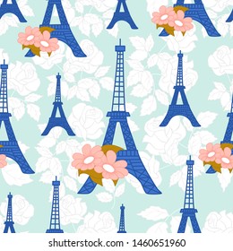 Blue Tour Eiffel on a white rose background, that can be used on the web or in print, for surface design
