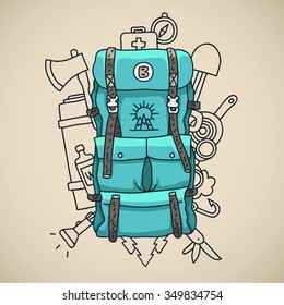 Blue tourist backpack on a gray background surrounded by tourist icons. Vector illustration drawn by hand.