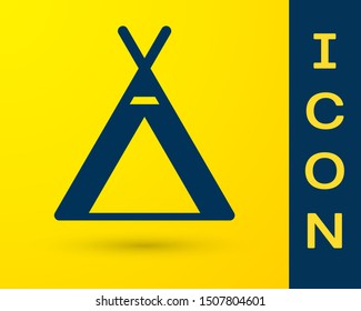 Blue Tourist tent icon isolated on yellow background. Camping symbol.  Vector Illustration