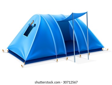 blue tourist tent with opened entrance for travel and camping - vector illustration