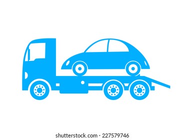 Blue tow truck and car on white background