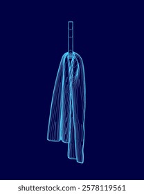 Blue towel is hanging from a hook. The towel is long and has a blue pattern