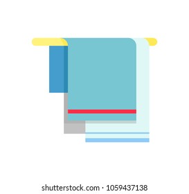 Blue towels with decorative colorful lines hanging on towel rail. Vector illustration of bathroom stuff isolated on white background