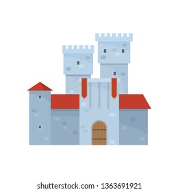 Blue tower building castle complex with red roof