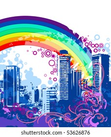 Blaue Stadt mit Regenbogen