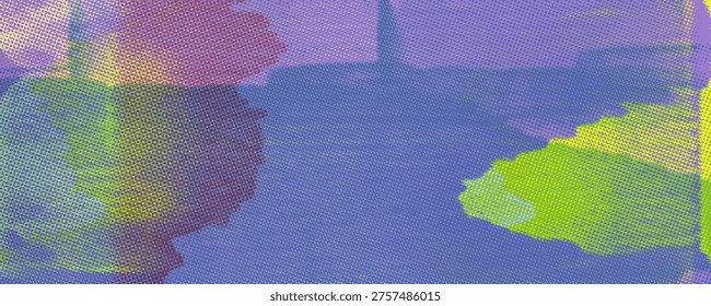 Blue toxic green riso print texture design banner background with halftone overlay effect. Block printmaking texture with overlay risograph print. Screen analog bg with grunge brush strokes.