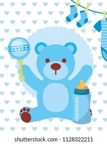 blue toy bear rattle feeding bottle and clothes boy