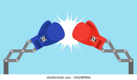 Blue toy boxing gloves arm with USA flag and Red toy boxing gloves arm with China flag, vector illustration