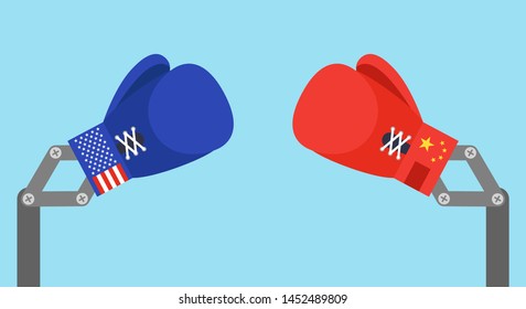 Blue toy boxing gloves arm with USA flag and Red toy boxing gloves arm with China flag, vector illustration