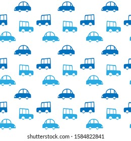 Blue toy cars . Seamless vector pattern for the design of children clothing, bedding, covers and other surfaces. Hand drawn illustration.
