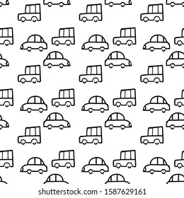 Blue toy cars . Seamless vector pattern for the design of children clothing, bedding, covers and other surfaces. Hand drawn illustration.