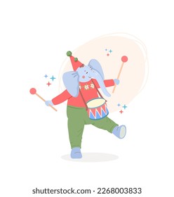 Blue toy plush elephant in festive hat with pom-poms, pants and  knitted sweater walks merrily and beats drum with drumsticks. Children's congratulatory vector illustration on isolated background.