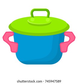 Blue toy saucepan with green top isolated vector illustration. Kitchen utensils for children play in flat style design on white background