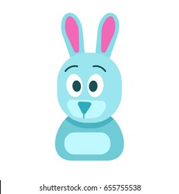 Blue toy small hare with funny surprised face, raised eyebrows and big ears isolated vector illustration on white background.