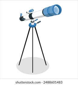 Blue toy telescope on a tripod, single object isolated on white background. Stargazing, space observation science instruments, tools for young kids, children, astronomy hobby conceptual symbol, 2560