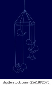 Blue toys whale hanging on ropes illustration isolated on blue background.