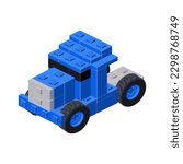 Blue tractor assembled from plastic blocks in isometric style for print and design. Vector illustration.
