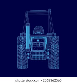 Blue tractor with a cab and a engine. The tractor is shown in a 3D format