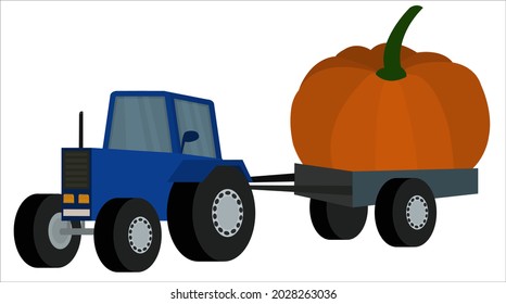 Un tractor azul con una carreta con calabaza. Ilustración vectorial.