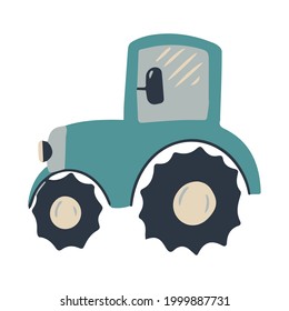 A blue tractor for children in a cartoon style with interesting wheels.