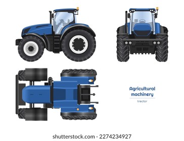Blue tractor drawing. Isolated agricultural machine. Top, side and front views of farmer vehicle. 3d industrial blueprint. Vector illustration