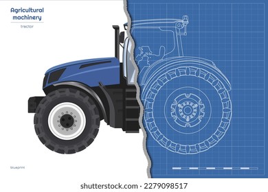 Dibujo de un tractor azul. Máquina agrícola aislada. Vistas superiores, laterales y frontales de los vehículos de los agricultores. 3d esquema industrial. Ilustración del vector