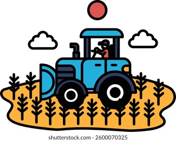 A blue tractor is driving through a field of corn. The man driving the tractor is wearing a hat and sunglasses