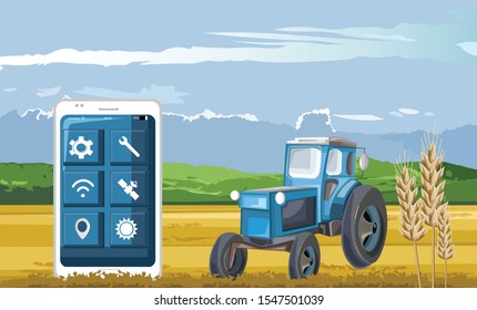 Blue tractor in the field controlled by smart phone app. Wheat on foreground. Blue sky. Technology in agriculture idea vector